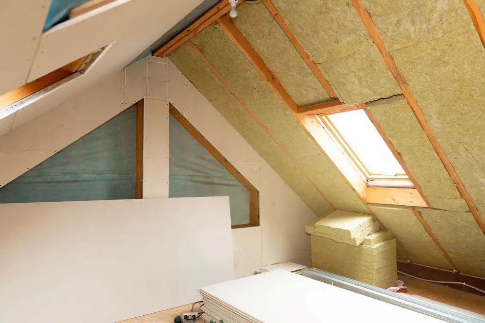 Comble-perdu-en-travaux-avec-isolation-en-panneaux-de-laine-de-verre-et-palque-de-plâtrewebp